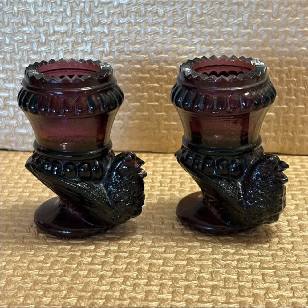 Vintage Degenhart Deep Purple Glass Bird Toothpick Holders with Scalloped Edge